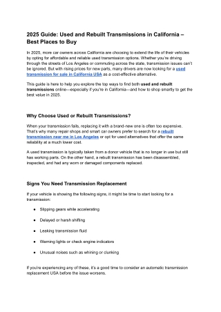2025 Guide Used and Rebuilt Transmissions in California – Best Places to Buy