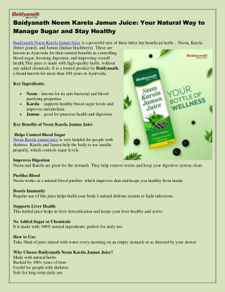 Baidyanath Neem Karela Jamun Juice – Natural Help for Sugar Control & Daily Heal