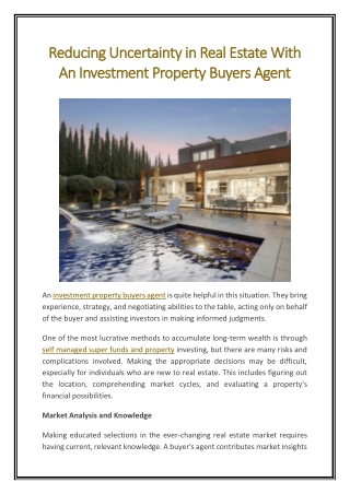 Reducing Uncertainty in Real Estate With An Investment Property Buyers Agent