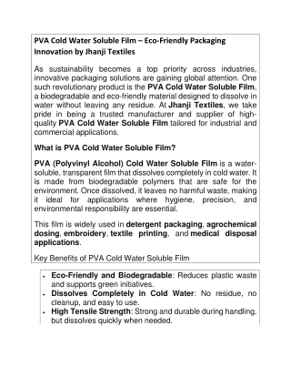 PVA Cold Water Soluble Film – Eco-Friendly Packaging Innovation