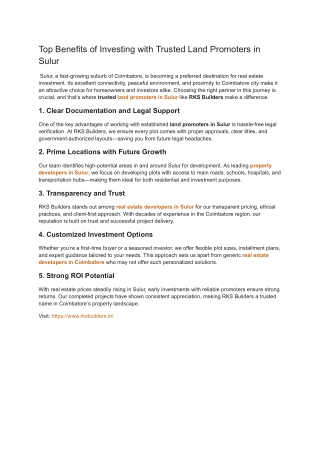 Top Benefits of Investing with Trusted Land Promoters in Sulur