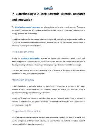 In Biotechnology: A Step Towards Science, Research and Innovation