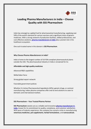 Leading Pharma Manufacturers in India – Choose Quality with SSS Pharmachem