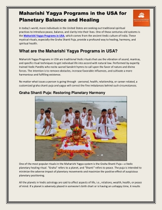 Maharishi Yagya Programs in the USA for Planetary Balance and Healing