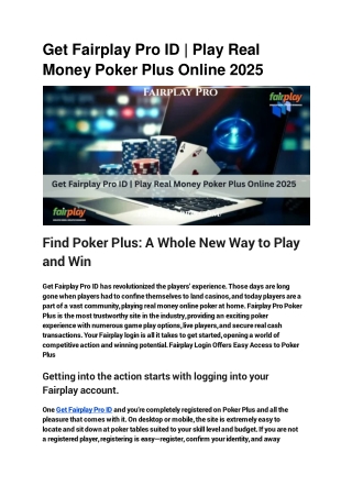 Get Fairplay Pro ID | Play Real Money Poker Plus Online 2025
