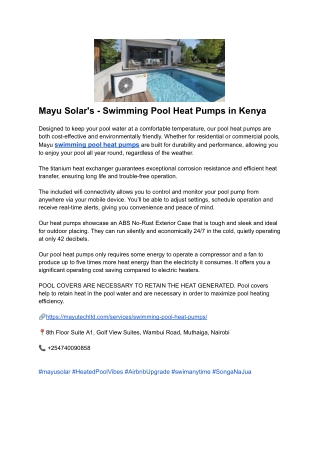 Mayu Solar's - Swimming Pool Heat Pumps in Kenya
