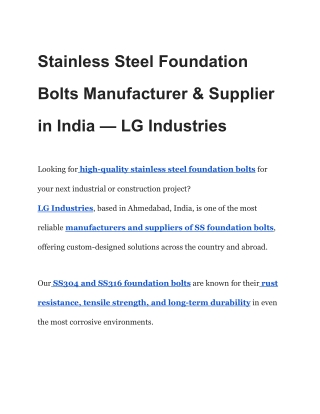Stainless Steel Foundation Bolts Manufacturer & Supplier in India — LG Industries
