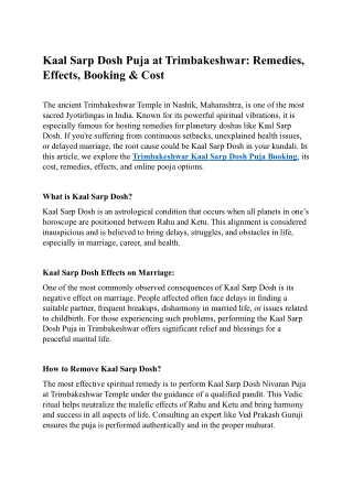 Kaal Sarp Dosh Puja at Trimbakeshwar Remedies Effects