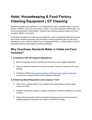 Hotel, Housekeeping & Food Factory Cleaning Equipment - GT Cleaning