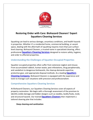 Restoring Order with Care Biohazard Cleaners’ Expert Squatters Cleaning Services