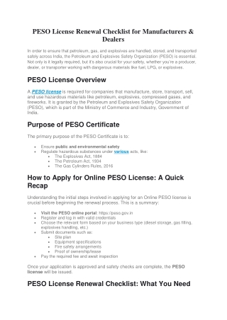 PESO License Renewal Checklist for Manufacturers & Dealers