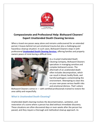 Compassionate and Professional Help Biohazard Cleaners’ Expert Unattended Death Cleaning Services