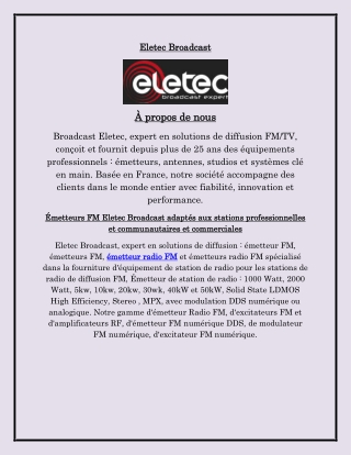 Émetteurs FM Eletec Broadcast adaptés aux stations professionnelles et communautaires et commerciales