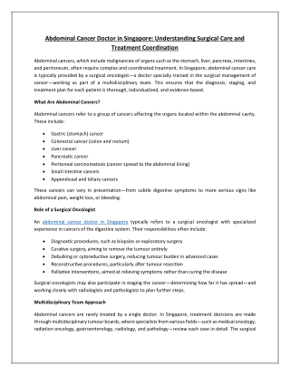 Abdominal Cancer Doctor in Singapore Understanding Surgical Care and Treatment Coordination
