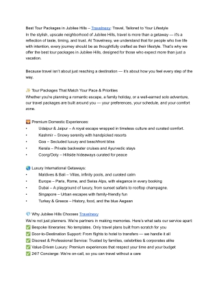 Best Tour Packages in Jubilee Hills