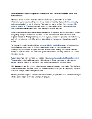 Top Builders with Rental Properties in Pitampura Area – Find Your Dream Home with Makaan24