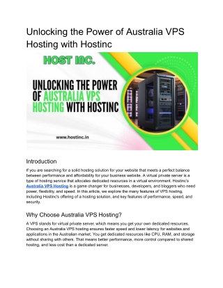 Unlocking the Power of Australia VPS Hosting with Hostinc