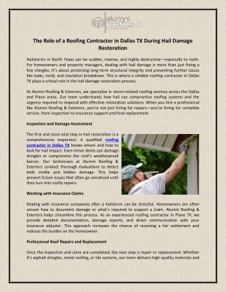 The Role of a Roofing Contractor in Dallas TX During Hail Damage Restoration