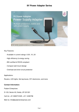 9V Power Adapter Manufacturers | Padam Enterprises