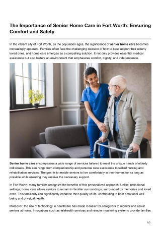 The Importance of Senior Home Care in Fort Worth Ensuring Comfort and Safety