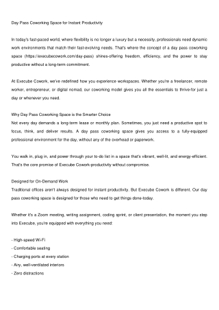 Day Pass Coworking Space for Instant Productivity | Execube