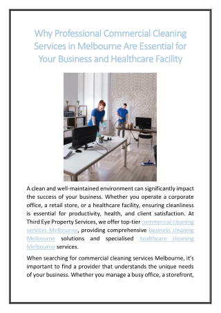 Why Professional Commercial Cleaning Services in Melbourne Are Essential for Your Business and Healthcare Facility