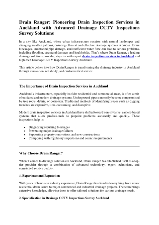 Drain Ranger Pioneering Drain Inspection Services in Auckland with Advanced Drainage CCTV Inspections Survey Solutions