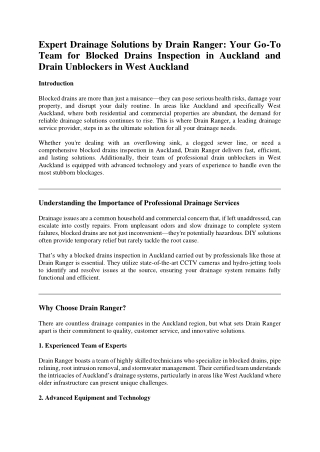 Expert Drainage Solutions by Drain Ranger Your Go-To Team for Blocked Drains Inspection in Auckland and Drain Unblockers