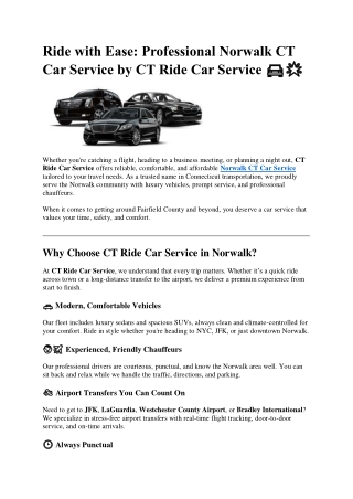 Ride with Ease: Professional Norwalk CT Car Service by CT Ride Car Service