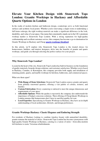 Elevate Your Kitchen Design with Stonework Tops London Granite Worktops in Hackney and Affordable Quartz Options in Lond