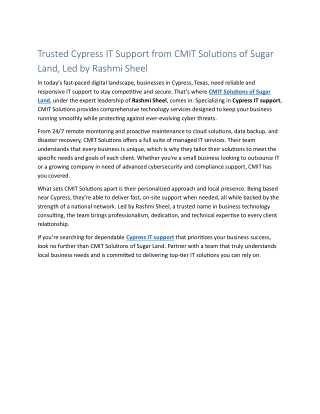 Trusted Cypress IT Support from CMIT Solutions of Sugar Land, Led by Rashmi