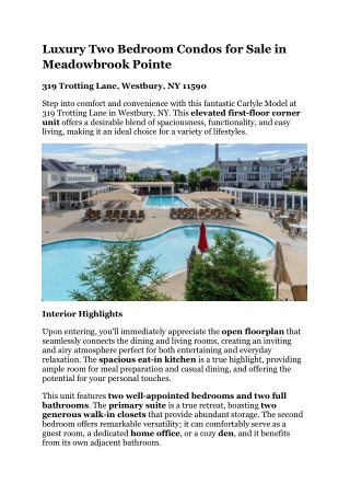 Luxury Two Bedroom Condos for Sale in Meadowbrook Pointe