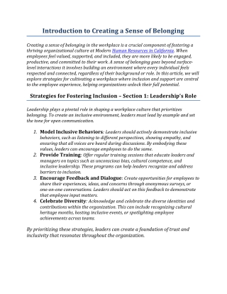 Introduction to Creating a Sense of Belonging