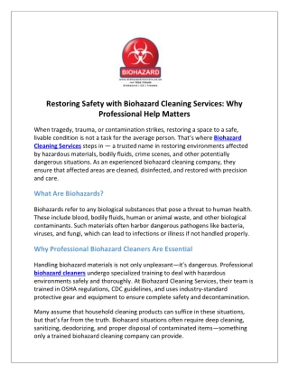 Restoring Safety with Biohazard Cleaning Services Why Professional Help Matters