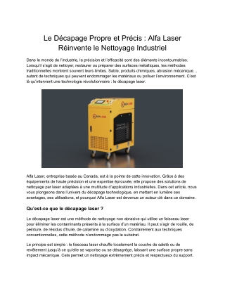 Solutions Avancées de Laser Nettoyage par Alfa Laser