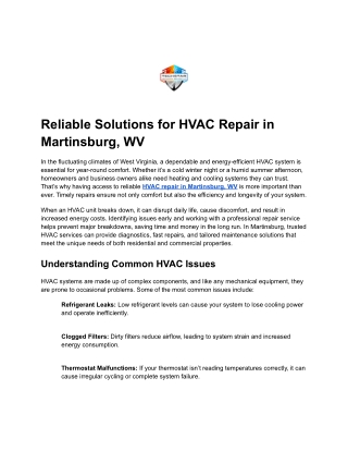 Reliable Solutions for HVAC Repair in Martinsburg, WV