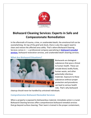 Biohazard Cleaning Services Experts in Safe and Compassionate Remediation