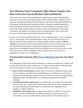 Why Oberoi Travels is the Best Choice for Pune to Mumbai Cabs