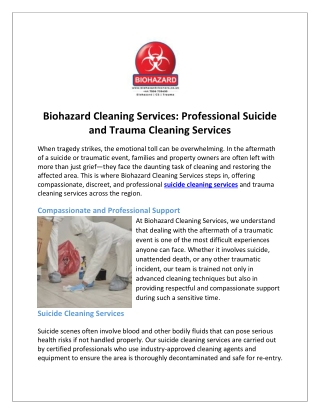 Biohazard Cleaning Services Professional Suicide and Trauma Cleaning Services