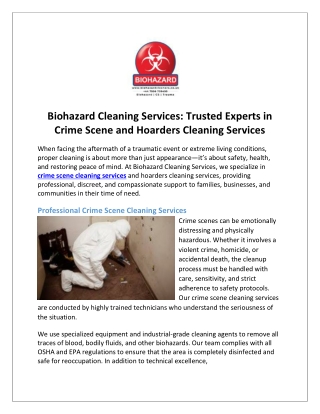 Biohazard Cleaning Services Trusted Experts in Crime Scene and Hoarders Cleaning Services