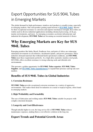Export Opportunities for SUS 904L Tubes in Emerging Markets
