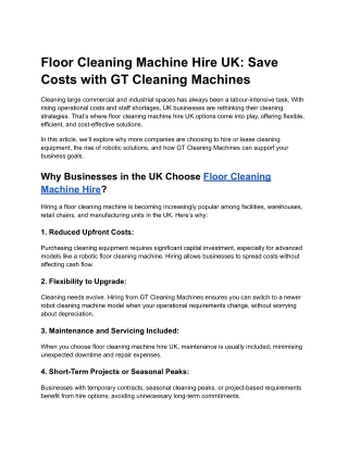 Floor Cleaning Machine Hire UK - Save Costs with GT Cleaning Machines
