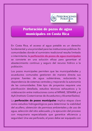 Perforación de pozos de agua municipales en Costa Rica