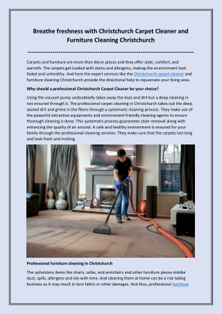 Breathe freshness with Christchurch Carpet Cleaner and Furniture Cleaning Christ