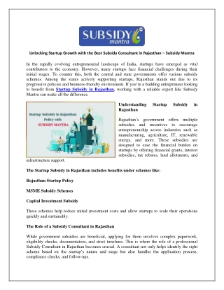 Unlocking Startup Growth with the Best Subsidy Consultant in Rajasthan – Subsidy Mantra