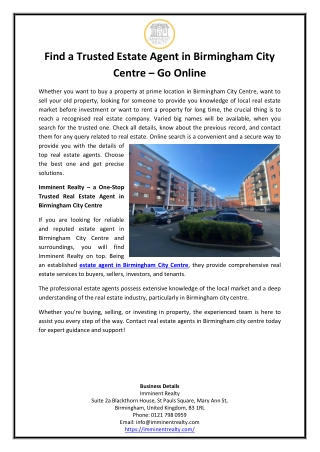 Find a Trusted Estate Agent in Birmingham City Centre – Go Online