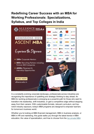 Redefining Career Success with an MBA for Working Professionals Specializations, Syllabus, and Top Colleges in India