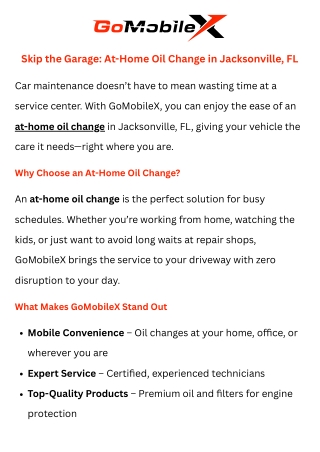 At Home Oil Change in Jacksonville FL  GoMobileX Mobile Mechanics