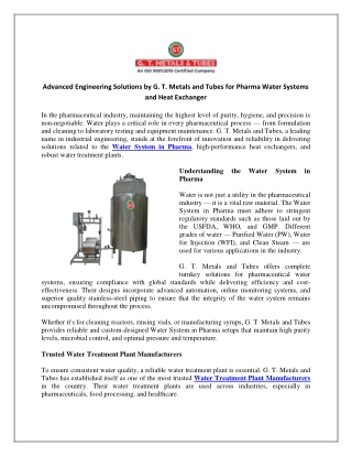 Advanced Engineering Solutions by G. T. Metals and Tubes for Pharma Water Systems and Heat Exchanger