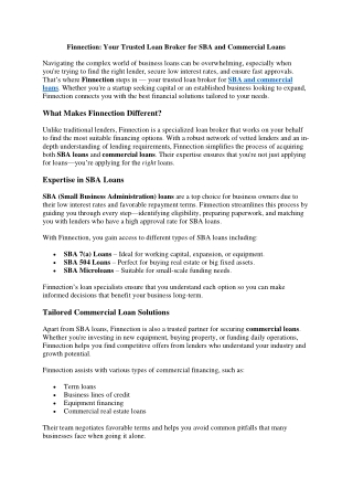 Finnection Your Trusted Loan Broker for SBA and Commercial Loans
